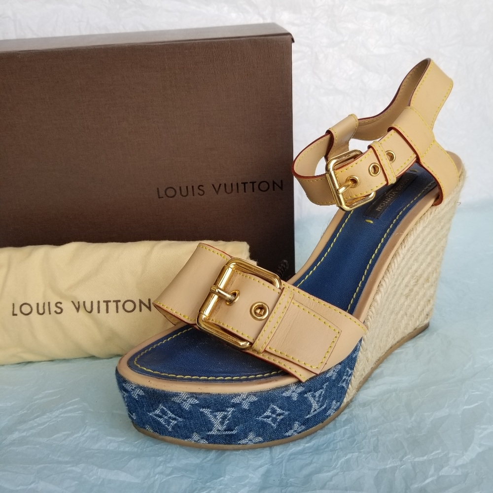 Louis Vuitton Logo Print Denim Leather Wedges